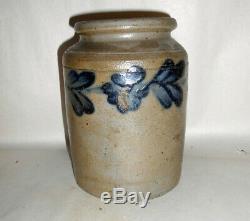 1800's Cobalt Decorated Stoneware 1 Qt. Jar Floral Band