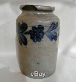 1800's Cobalt Decorated Stoneware 1 Qt. Jar Floral Band