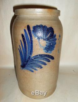 1800's Cobalt Decorated Stoneware 2 Qt. Jar 3 Flowers Around