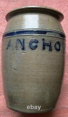 1800's Gray Salt Glaze Blue Highlight 6 Tall ANCHOVIS Stone Jar Crock