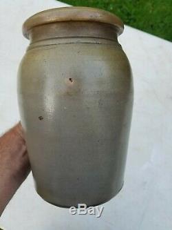 1800s A. P. Donaghho 8 Gray Salt Glaze Stoneware Crock Wax Jar Parkersburg, W. VA