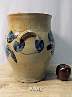 1800s Stoneware Cobalt Decorated Crock Ovoid Form with Handles Two Gallon