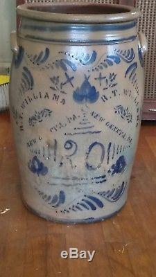 1880's R. T. Williams Cobalt Glazed Stoneware HUGE 20 Gallon Crock Stencil/Hand