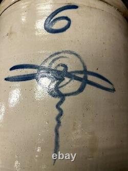 1890's Blue Bee Sting 6 Gallon Glazed Stoneware Crock Dragonfly 12 Diameter