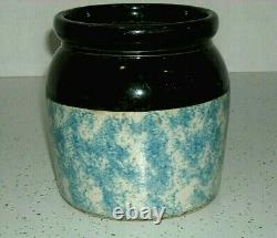 (1895 1920) 5 1/4 Blue & White Spongeware Canister Storage Crock Stoneware