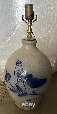 1980's Rowe Pottery Works Stoneware Cobalt Bird Crock Jar Electric Lamp