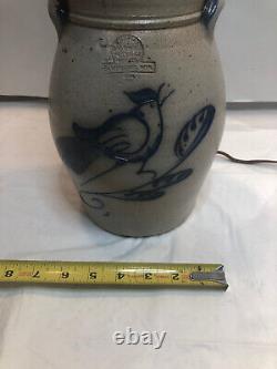 1985 Rowe Pottery Works Stoneware Cobalt Bird Crock Electric Lamp Hand Made