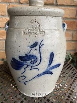 1985 Rowe Pottery Works Stoneware Cobalt Bird Crock Jar Electric Lamp