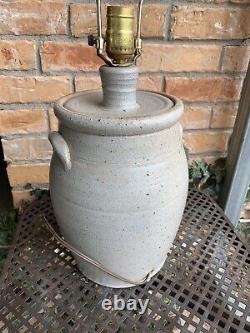 1985 Rowe Pottery Works Stoneware Cobalt Bird Crock Jar Electric Lamp