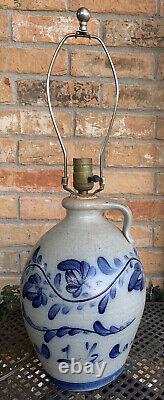 1987 Rowe Pottery Works Stoneware Cobalt 1 1/2 Crock Jar Electric Lamp