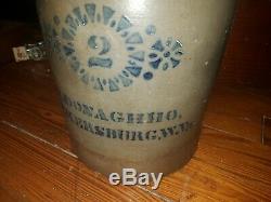 19th C. 2 gal. A. P. Donaghho West Virginia Stoneware Jar with Blue Decoration