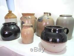 19th Century Antique Salt Glaze Cobalt Stoneware Crock Jug Pot Collection Lot