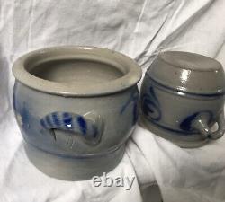 2 Antique French Stoneware Earthenware Crock Jar Blue 1800s Confit Pot Alsace