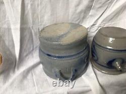 2 Antique French Stoneware Earthenware Crock Jar Blue 1800s Confit Pot Alsace