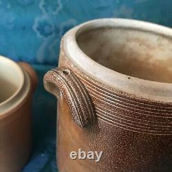 2 Antique French Stoneware Earthenware Crock Jar Brown Confit Pot Canisters 85