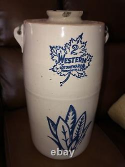 2 Gallon Western Stoneware Crock Butter Churn with Leaf Designs