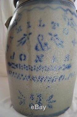 3 Gal Antique Blue Decorated Hamilton & Jones Stoneware Crock/3 Gallon