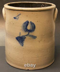 4 Gallon Cobalt Blue Flower Salt Glazed Stoneware Handled Crock 1800s