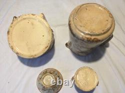 4 Pieces Antique Blue & Brown Spongeware Set Salt Crock Pitcher Syrup Custard