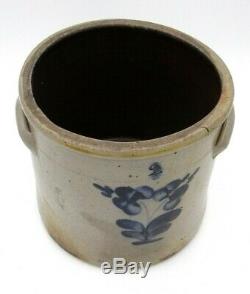 ANTIQUE 1800's Cobalt Blue Pansy Salt Glazed 2 Gal. Stoneware Crock with Handles