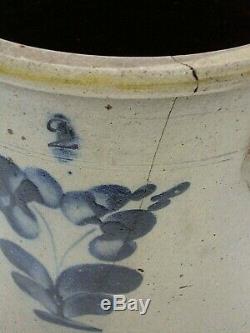 ANTIQUE 1800's Cobalt Blue Pansy Salt Glazed 2 Gal. Stoneware Crock with Handles