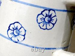 ANTIQUE Primitive STENCILED FLOWERS Blue & White STONEWARE PITCHER Crock Jug