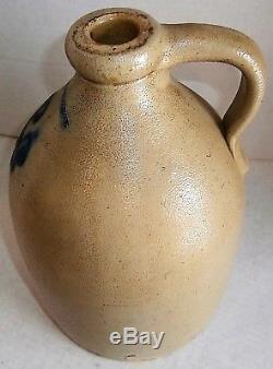 ANTIQUE STONEWARE JUG L. SEYMOUR. TROY With COBALT BLUE FLOWER 11TALL