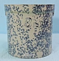 ANTIQUE VTG. DARK BLUE & WHITE SPONGE STONEWARE BUTTER CROCK WithLID