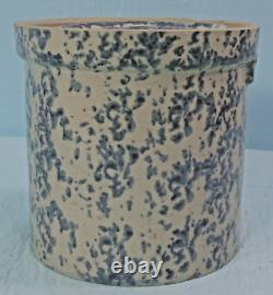 ANTIQUE VTG. DARK BLUE & WHITE SPONGE STONEWARE BUTTER CROCK WithLID