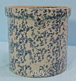 ANTIQUE VTG. DARK BLUE & WHITE SPONGE STONEWARE BUTTER CROCK WithLID