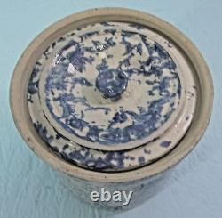 ANTIQUE VTG. DARK BLUE & WHITE SPONGE STONEWARE BUTTER CROCK WithLID