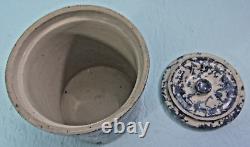 ANTIQUE VTG. DARK BLUE & WHITE SPONGE STONEWARE BUTTER CROCK WithLID