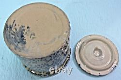 ANTIQUE VTG. DARK BLUE & WHITE SPONGE STONEWARE BUTTER CROCK WithLID