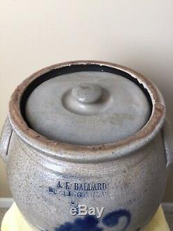 ANTQ. 2 GAL. SALT GLAZE STONEWARE A. K. BALLARD FULL FRONT FLORAL CROCK WithLID