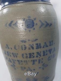 A. Conrad decorated 2 gal. Fayette County PA. SUNBURST blue & grey stoneware jar