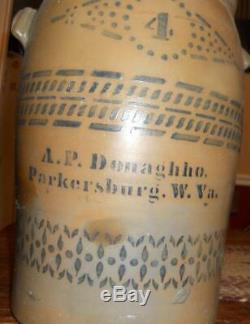 A. P. Donaghho 4 Gallon Double Zipper Stoneware Crock Parkersburg WV