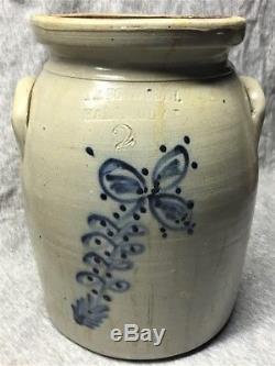 Aafa Antique 19th C 2 Gal. Stoneware Crock Blue Floral Dec. Sb Bosworth Hartford