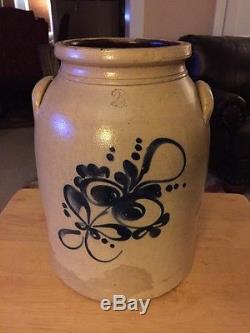Antique 12 High 2 Gallon Blue Decorated Stoneware Crock Incised Lines