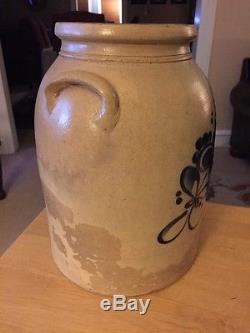 Antique 12 High 2 Gallon Blue Decorated Stoneware Crock Incised Lines