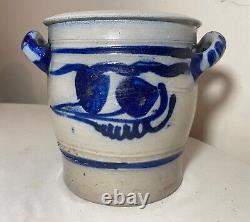 Antique 1800's handmade stoneware salt glazed crock pottery jug vase with handle