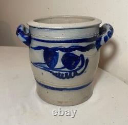 Antique 1800's handmade stoneware salt glazed crock pottery jug vase with handle