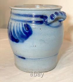 Antique 1800's handmade stoneware salt glazed crock pottery jug vase with handle 6