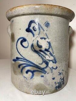 Antique 1800's parrot on plum stoneware crock pottery jug with handle 4 gallon