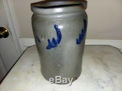 Antique 1800s SALTGLAZEd Stoneware Crock 1 Gallon Blue Decorated Pottery