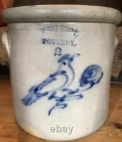 Antique 1800s West Troy Pottery NY Stoneware Crock Cobalt Bird On Flower 2 Gal
