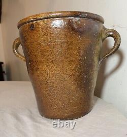 Antique 1800s handmade stoneware salt glazed crock pottery jug vase with handles