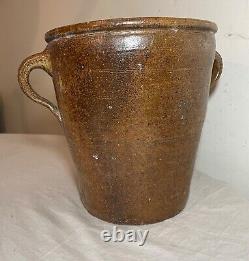Antique 1800s handmade stoneware salt glazed crock pottery jug vase with handles
