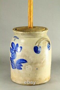 = Antique 1860's B & W Stoneware Butter Churn 2 Gal Crock PENN YAN, NY J. Mantell