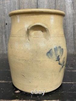 Antique 1880s Charlestown Mass Blue Flower Motif Stoneware Crock Jar BEAUTIFUL