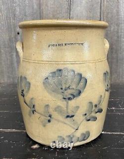 Antique 1880s Charlestown Mass Blue Flower Motif Stoneware Crock Jar BEAUTIFUL